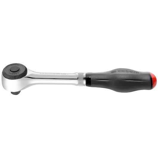 Facom S_360 ratchet wrench with black handle and red end cap, side angle on white background.