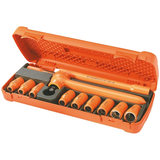 Facom S_400AVSE insulated socket set with ratchet and sockets in an orange case, shown from above on white background.