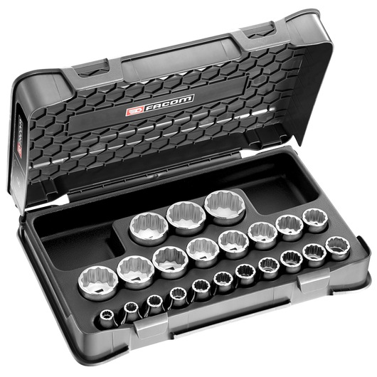 Facom S_400B socket set with multiple chrome sockets in black hard case, top angle on white background.