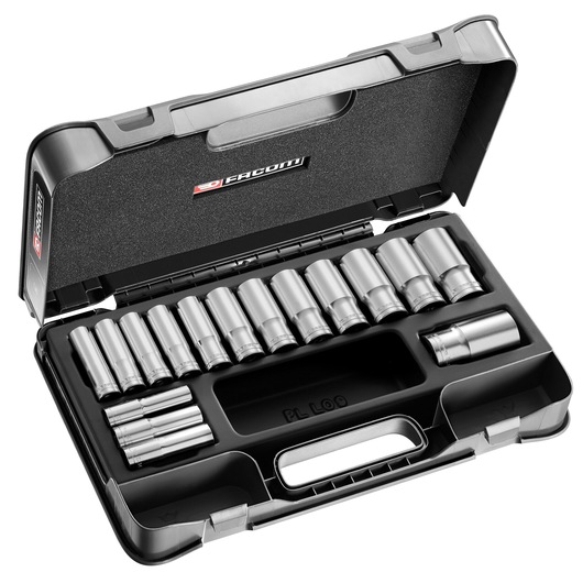 Facom S_404AE socket set in black case, shown from angled top view with silver sockets organized inside.