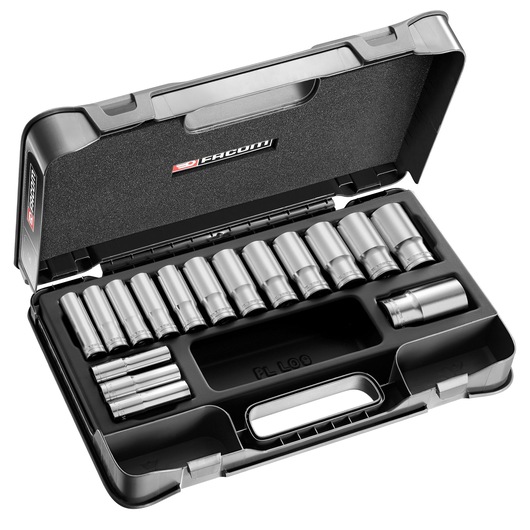 Facom S_405AE socket set in black plastic case, angled view showing metal sockets arranged inside.