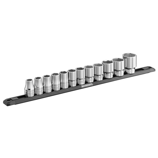 Facom S.40EGRPPB chrome socket set on black rail, photography, side angle, tool category.