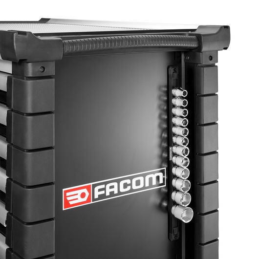 Photo of Facom S.40EGRPPB black tool cabinet side with socket holder and visible Facom logo, front angle.