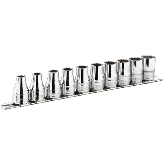 Facom S_41U chrome socket set on rail, photography, side angle, ten pieces, tool category.