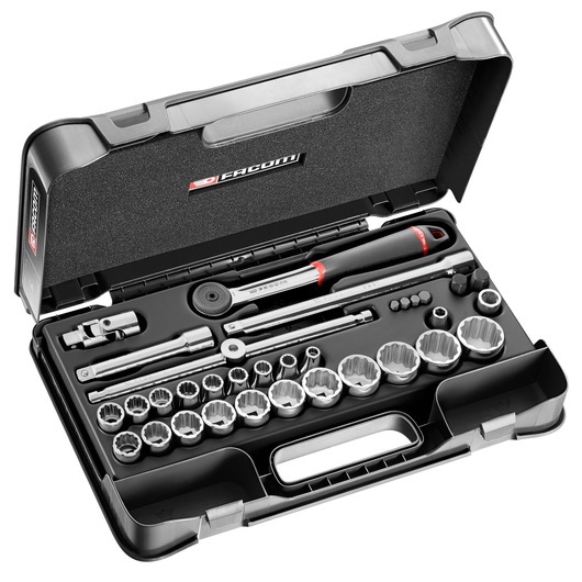 Facom S_446ADP socket wrench set with ratchet and sockets in black plastic carrying case, top angle.
