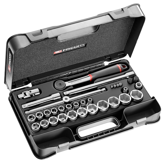 Photo of Facom S_447ADP socket wrench set with multiple sockets and accessories organized in a black hard case, top angle.