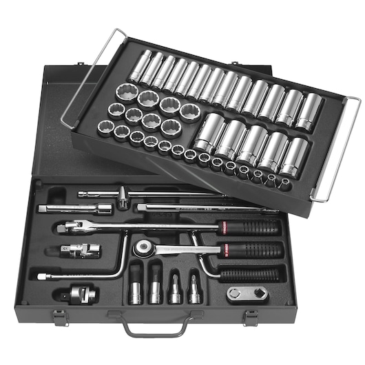 Facom S_450EP photography of silver socket and ratchet set in black metal case, top view.