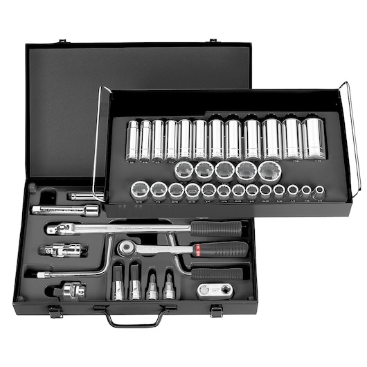 Facom S_450UP socket and ratchet set in black metal case, photographed from above, showing organized sockets and tools.