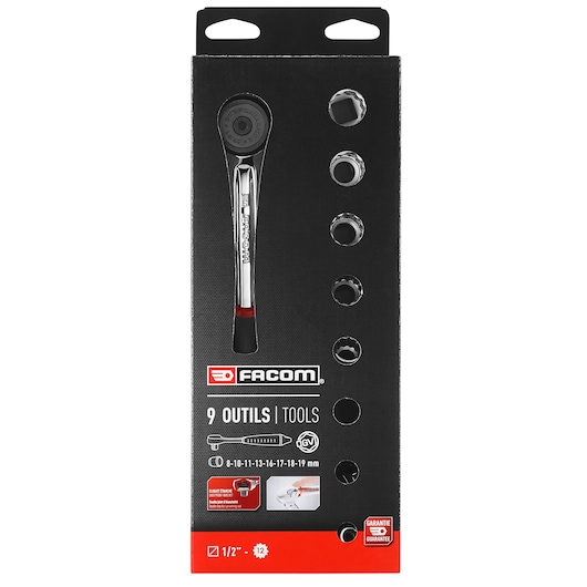 Facom S_4JE9PB ratchet and socket set, 9-piece, size range 8-19 mm, black packaging, front angle.