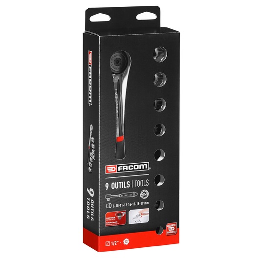 Front angle photo of Facom S_4JE9PB ratchet wrench set packaging, black box with red label, 9 tools visible.