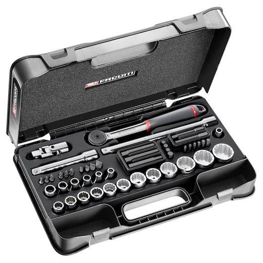 Facom S_850 socket and bit set in black hard case, top angle on white background, sockets, ratchet, bits visible.