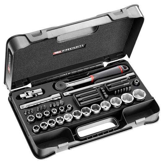 Facom S_851 socket and bit set with ratchet, assorted sockets, bits, and extensions in black hard case, top angle.