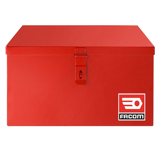 Facom SCM.520 red metal storage box with latch, front angle photography, Facom logo on lower right.
