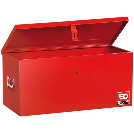 Facom SCM.520 red metal storage chest with open lid, side handles, front logo, photography, white background.