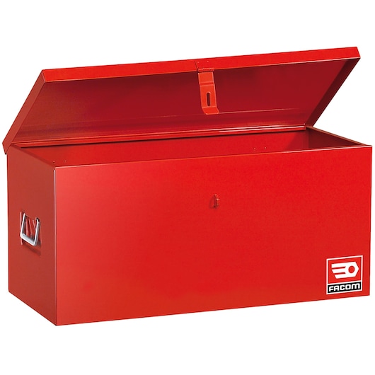 Facom SCM.650 red metal tool chest with open lid, side handles, front angle, product logo visible.