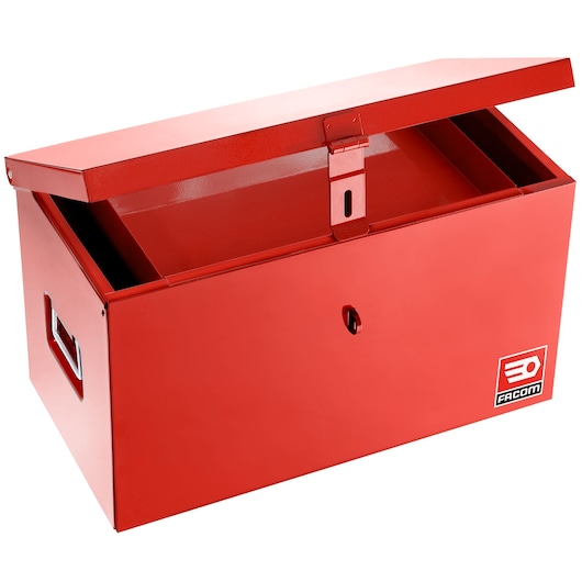 Photo of Facom SCM.650 red metal toolbox with open lid, side handles, and Facom logo, angled on white background.