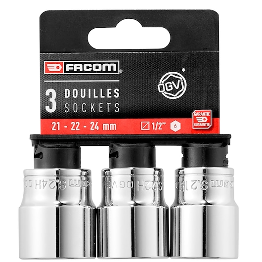 Facom SH.LPB set of three chrome sockets 21, 22, 24 mm, front angle on white background.