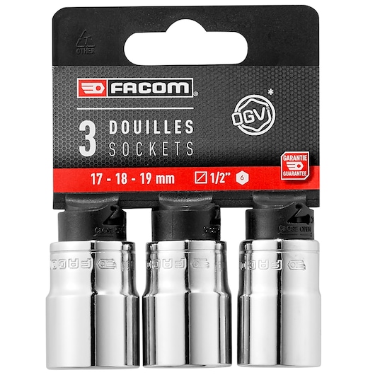 Facom SH.MPB set of three chrome sockets 17, 18, 19 mm in retail packaging, front angle.