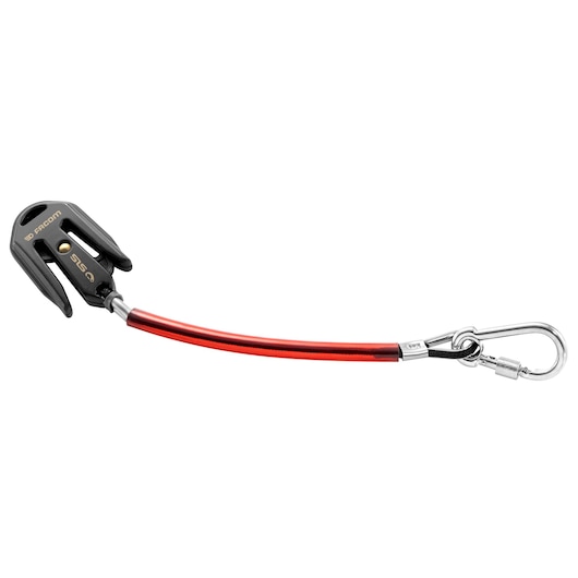 Facom SH-SLS red lanyard with black plastic tool clip and metal carabiner, product photography, side angle.
