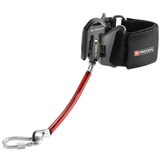 Facom SH-SLS wrist strap with black padded band, metal clasp, red tether, and carabiner, front angle.