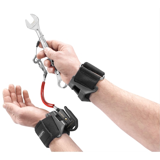 Photo of Facom SH-SLS tool lanyard system with two black wrist straps and a secured wrench, SKU SH-SLS.