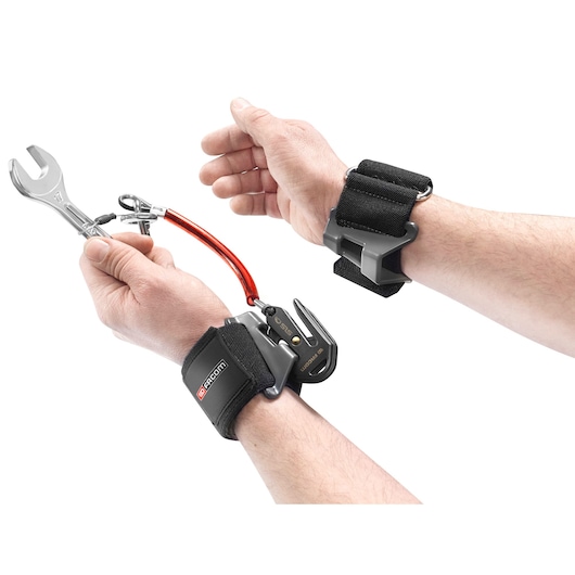 Facom SH-SLS wrist straps with tool tether system shown on wrists, product angled on white background.