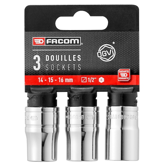 Facom SH.SPB set of three chrome 1/2" drive sockets, sizes 14, 15, 16 mm, front view on white background.