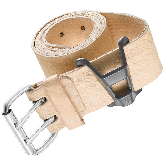 Facom photography of SH-SUPSLS beige leather belt with silver buckle, textured pattern, front angle.