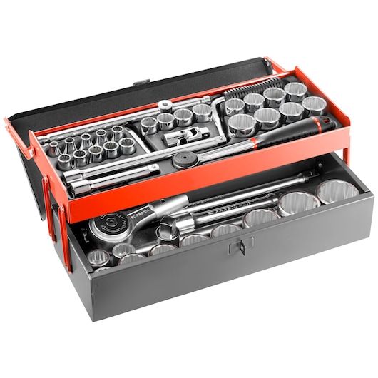Facom SK_452N socket and ratchet set in metal toolbox, organized with multiple sockets, ratchets, and accessories, front angle.