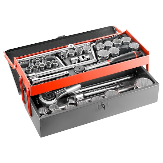 Facom SK_452U metal toolbox with assorted socket wrenches and accessories, angled view, white background.