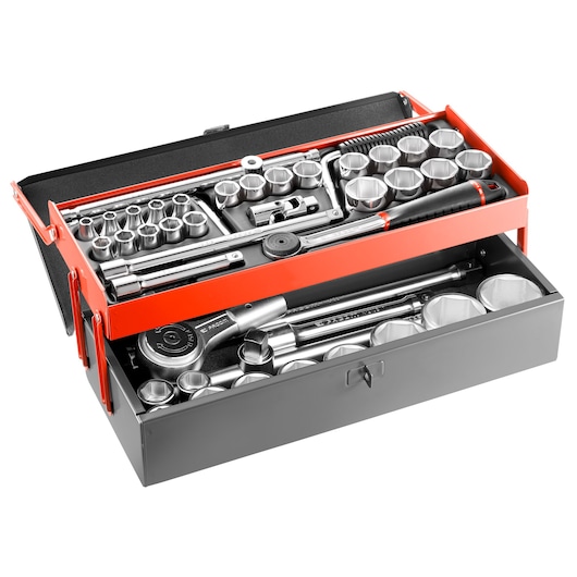 Facom SK_453N metal toolbox with assorted sockets, ratchets, and hand tools, angled view on white background.