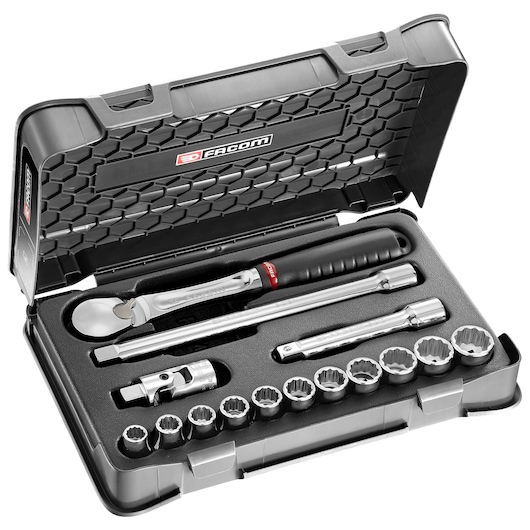 Facom socket wrench set SL_161-1P12U in black case, top angle, includes ratchet and multiple sockets.