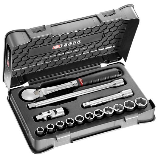 Facom SL_161-1P6U socket wrench set with ratchet, extensions, and sockets in an open black case, front angle.