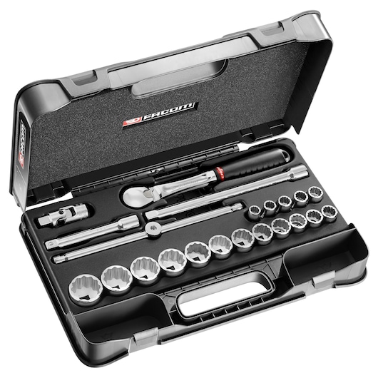 Facom socket wrench set SL_161-2P12U in black hard case, includes ratchet, extensions, screwdriver handle, and multiple sockets.