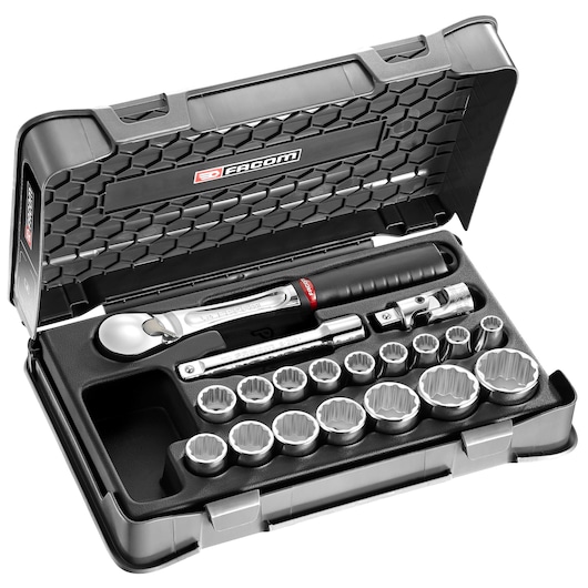 Facom SL_161-2P12 socket wrench set in black hard case, open angled view showing tools and sockets.