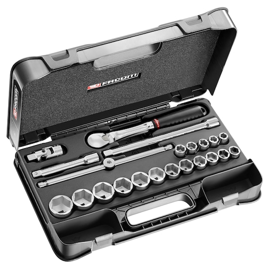 Facom SL_161-2P6U socket wrench set in black plastic case, photo from angled top view showing all contents.