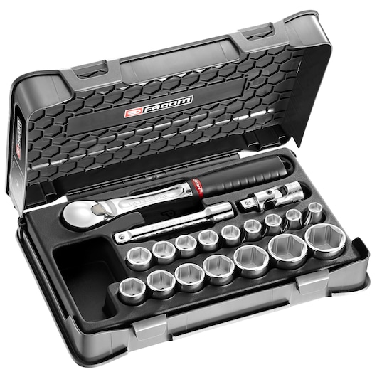 Facom SL_161-2P6 socket wrench set with ratchet, extension bars, and sockets in a black plastic case, top view.