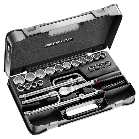 Facom socket wrench set SL_161-3P12U in black hard case, assorted sockets, ratchet, and accessories, angled view.