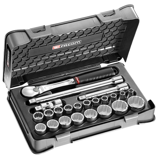 Facom SL_161-3P12 socket wrench set with ratchet and accessories in black case, top angle.