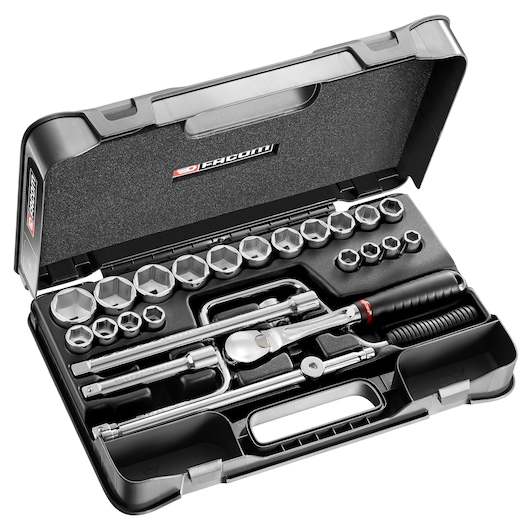 Facom socket wrench set SL_161-3P6U in black hard case, showing multiple sockets, ratchet, and accessories, angled view.
