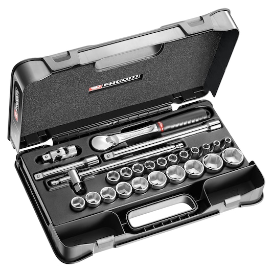 Facom SL_161-4P6 socket wrench set in black case, photography, angled view, chrome sockets and tools visible.