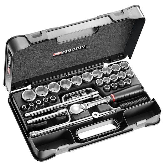 Facom SL_161-5P6 socket and ratchet set in black hard case, showing sockets, ratchet, and accessories, top angle.