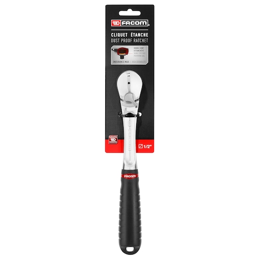 Photo of Facom SL_161PB dust proof ratchet with black grip in packaging, front view on white background.