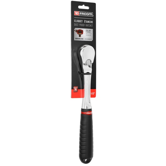 Facom SL_161PB dust proof ratchet with black and red ergonomic handle, packaged, front angle.