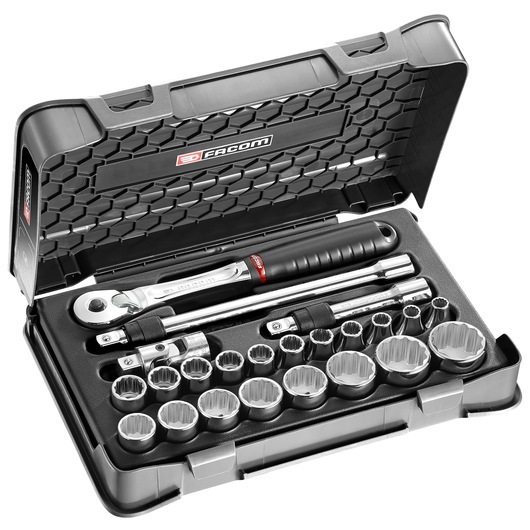 Facom socket wrench set in black plastic case, featuring SL_171-3P12, open angle showing multiple sockets and ratchet.