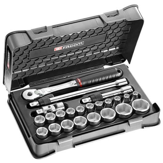 Facom socket set SL_171-3P6 with ratchet, accessories, and hex sockets in black case, angled view.