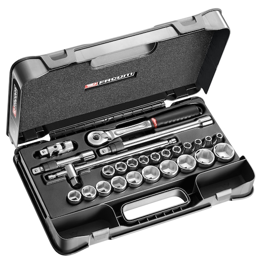Facom socket wrench set SL_171-4P6 in black case, front angle, assorted sockets and accessories visible.