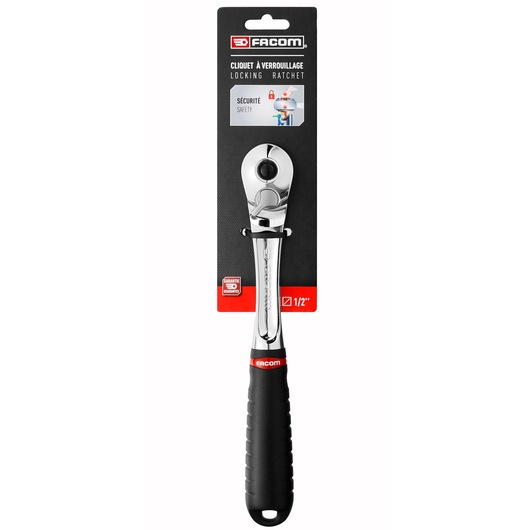 Photo of Facom SL.171PB locking ratchet with black and silver handle, packaged upright on a white background.
