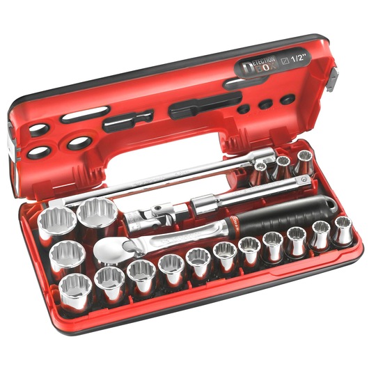 Facom SL.DBOX112PB socket set with ratchet, extensions, and sockets in a red plastic case, angled view.