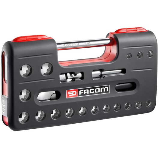 Facom SL.DBOX112PB compact socket set in black and red case, front angle on white background.